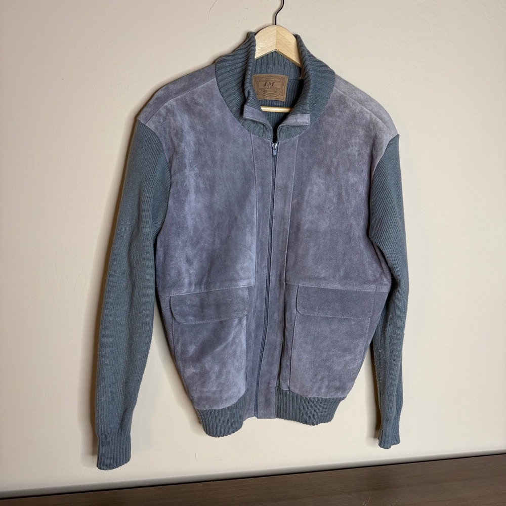 Suede Gray Knit Bomber‎ Jacket Zipper Pockets Ribbed Collar Size XL